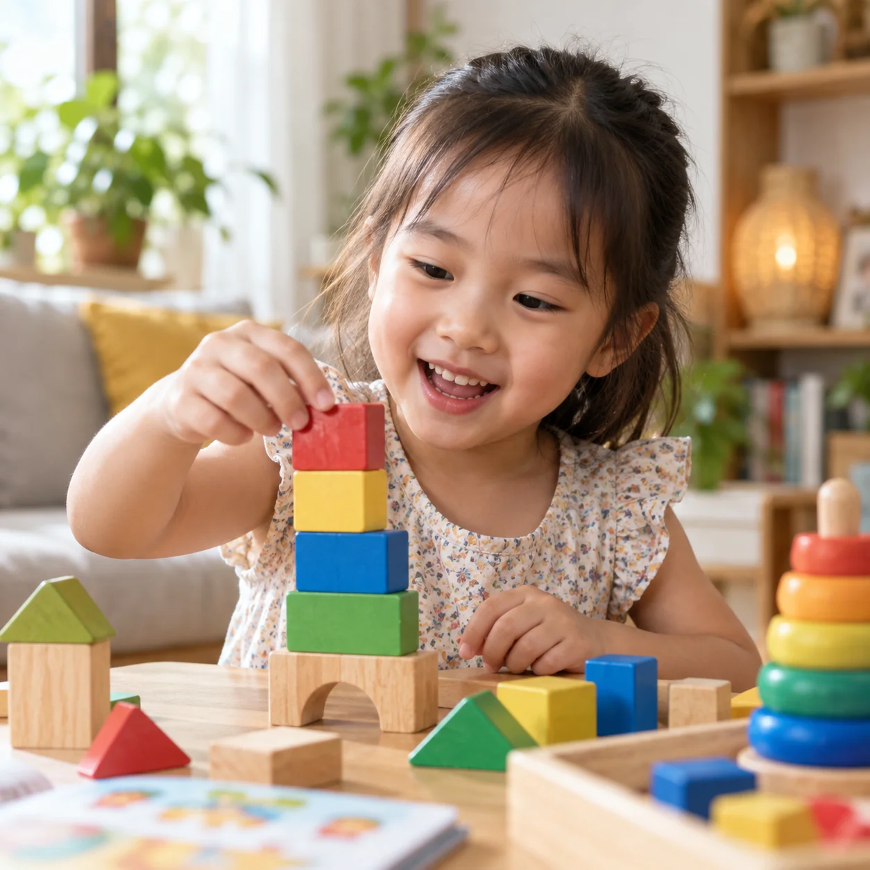 Bé trai học thông qua hoạt động thực hành tại bàn