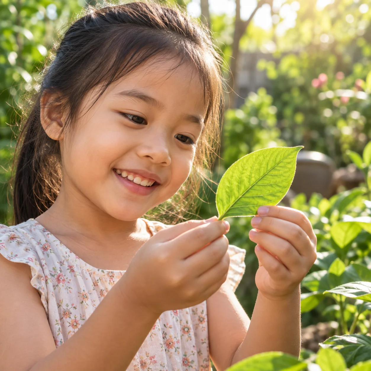 Bé gái quan sát chiếc lá trong khu vườn nhiều ánh sáng